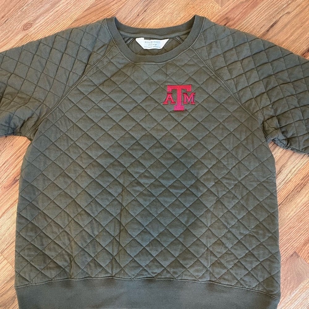Quilted Olive Green Sweatshirt with Texas A&M Logo